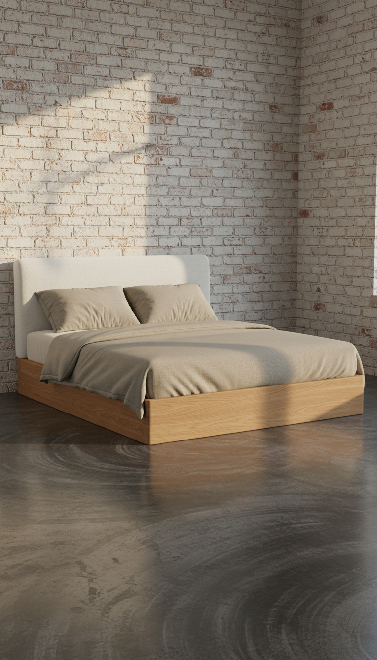 Calm bedroom with oak platform bed and linen headboard