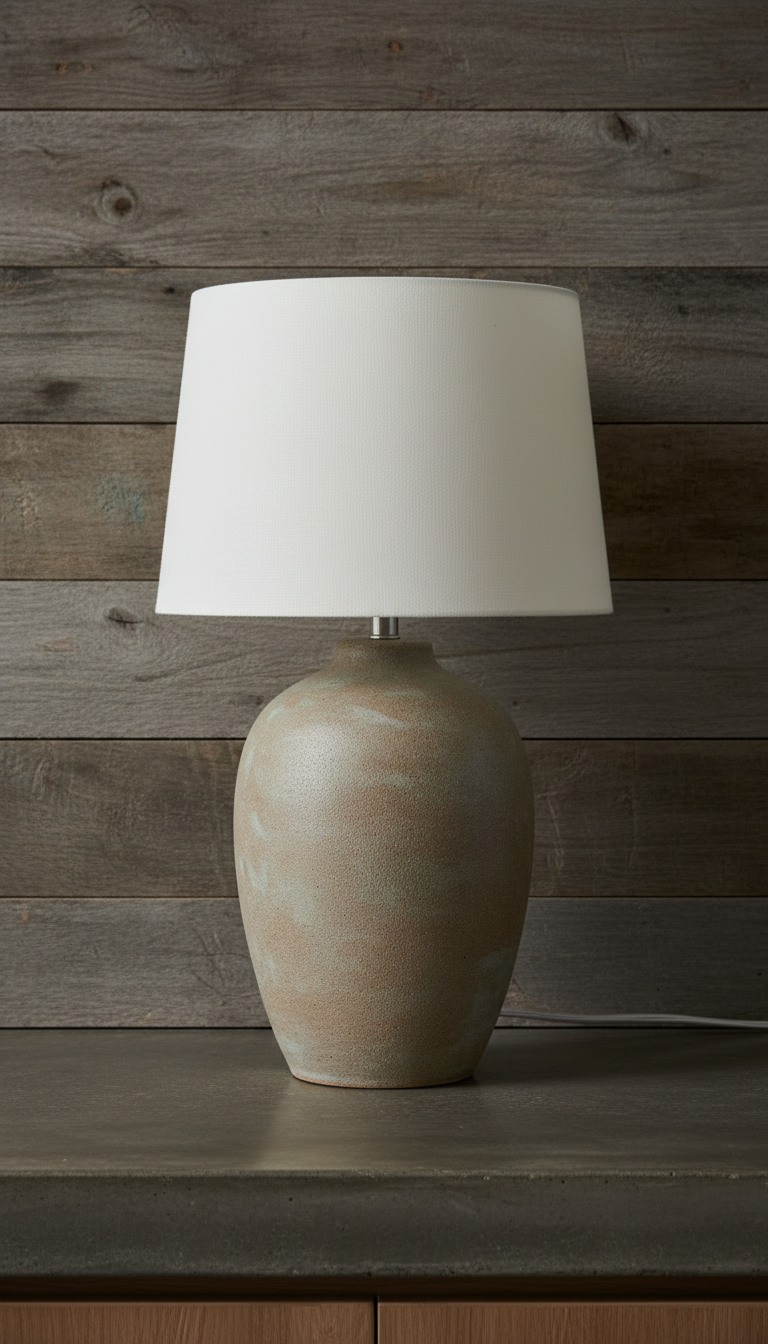 Stoneware table lamp glowing in a warm neutral room