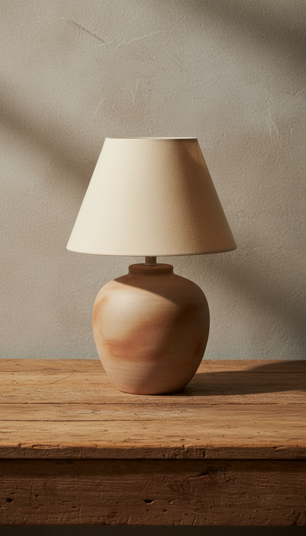 Terracotta lamp with linen shade styled at home