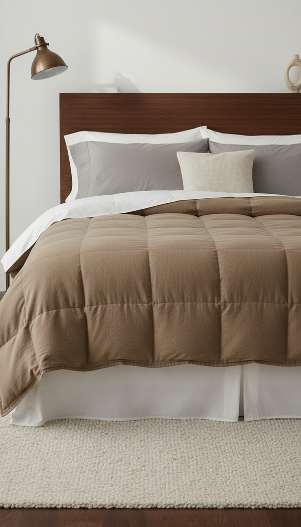 Warm taupe blanket layered on a bed