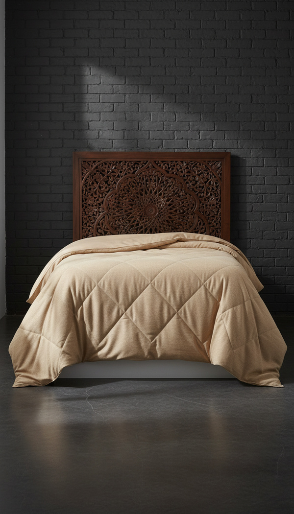 Soft almond bedspread in a serene bedroom