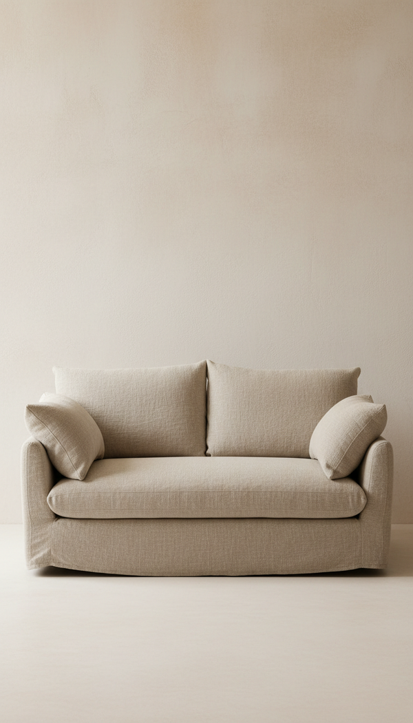 Beige linen sofa with plush cushions