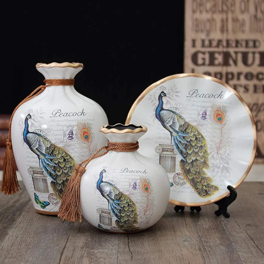 Premium Peacock Ceramic Vase,Set of 3 Pieces