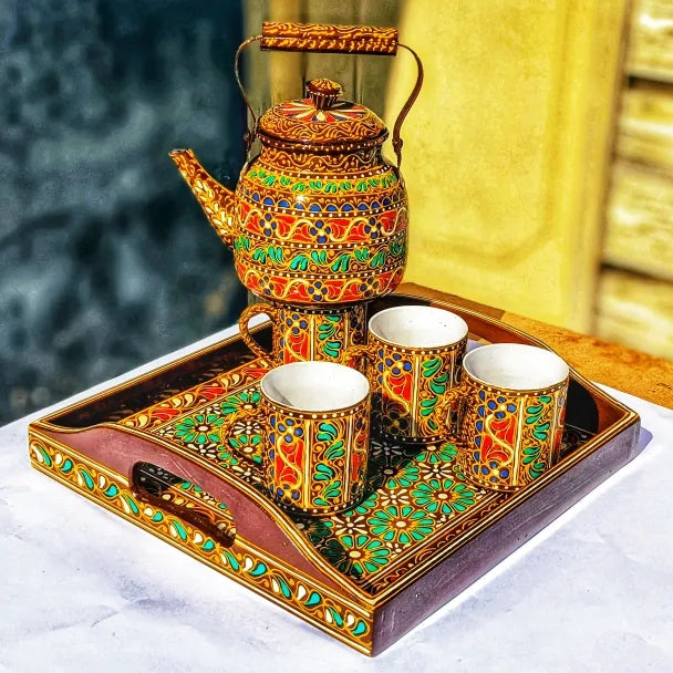 Swati Traditional Art Hand Painted Ceramic Cups and Steel Teapot ( 6pc Set )