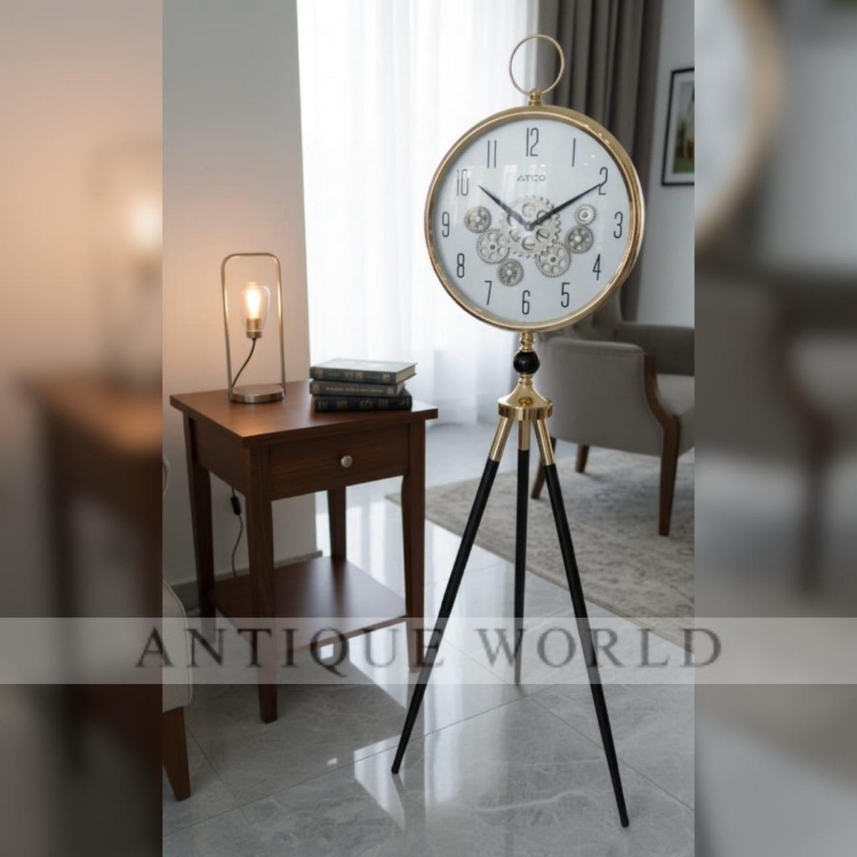 Tripod Floor Clock with Mechanical Gear Design