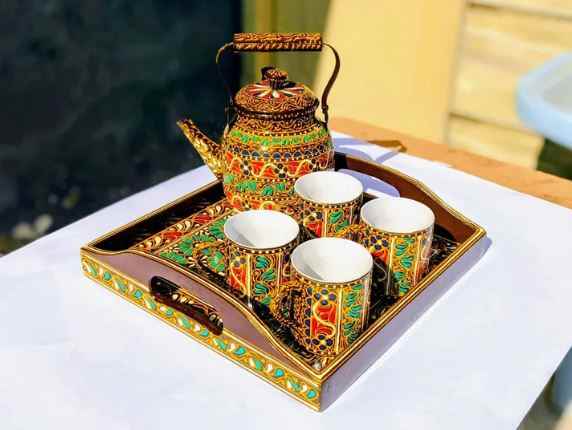 Swati Traditional Art Hand Painted Ceramic Cups and Steel Teapot ( 6pc Set )