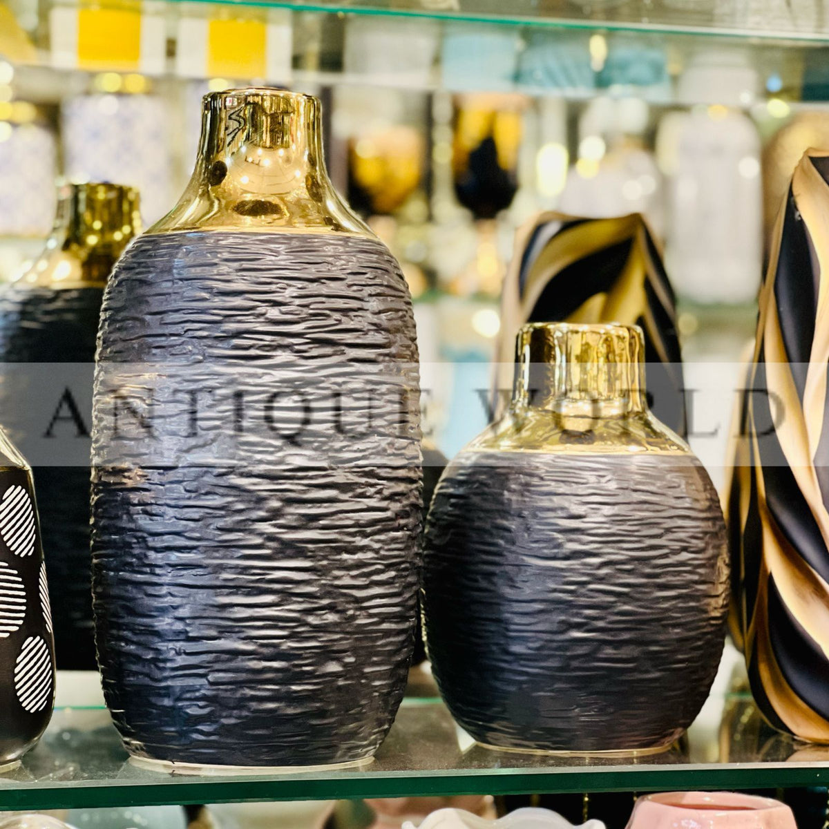 Black Ceramic Vase with Golden Rim ( Set of 2 )