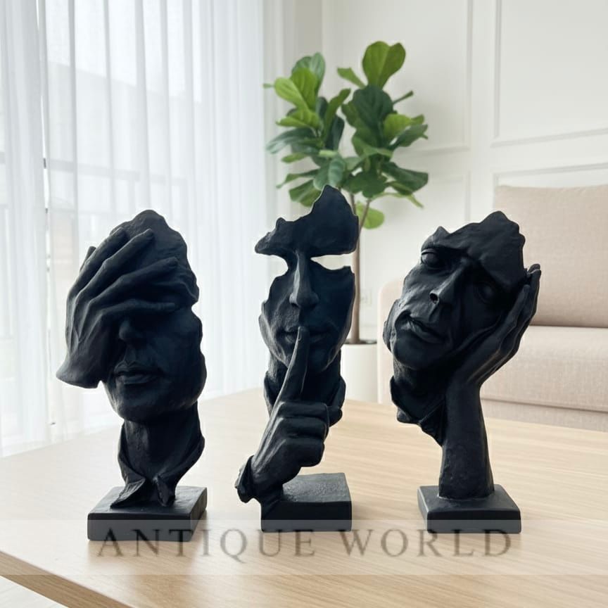 Modern Matte Black Three Wise Silent Face  Statue Set (Hear, Speak, See No Evil) ( Set of 3 )