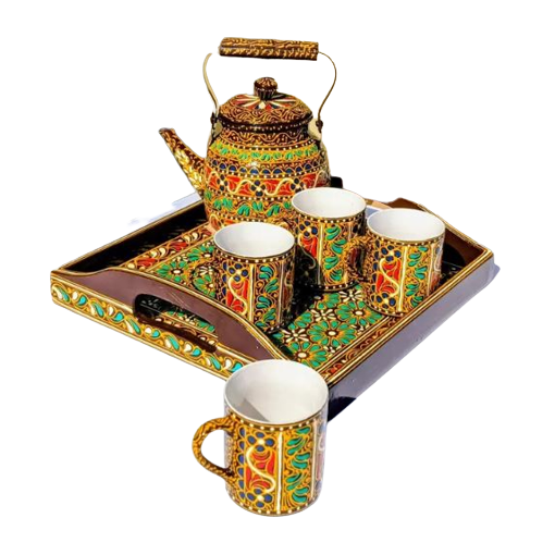 Swati Traditional Art Hand Painted Ceramic Cups and Steel Teapot ( 6pc Set )