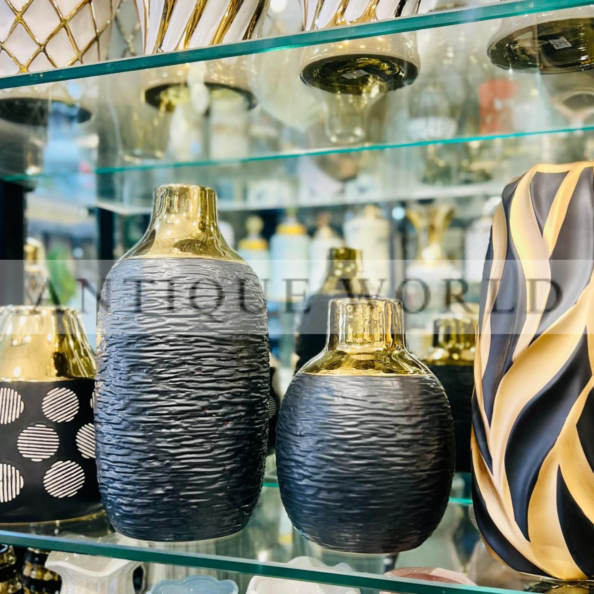 Black Ceramic Vase with Golden Rim ( Set of 2 )