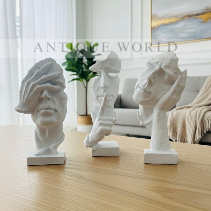 Modern Matte Black Three Wise Silent Face  Statue Set (Hear, Speak, See No Evil) ( Set of 3 )