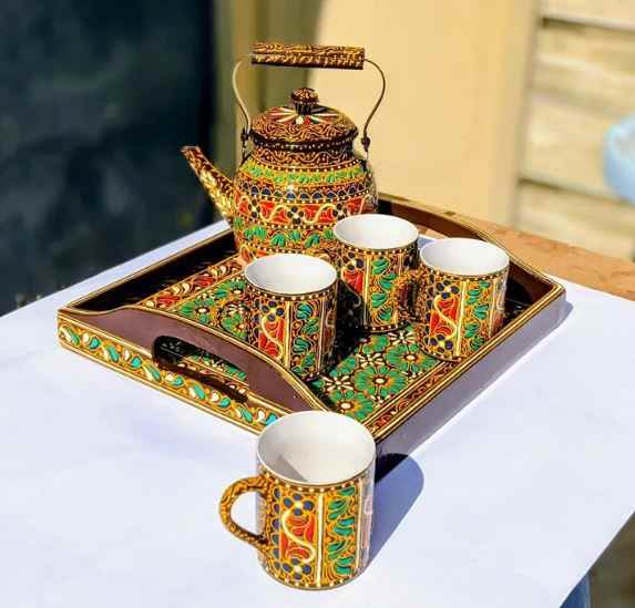 Swati Traditional Art Hand Painted Ceramic Cups and Steel Teapot ( 6pc Set )