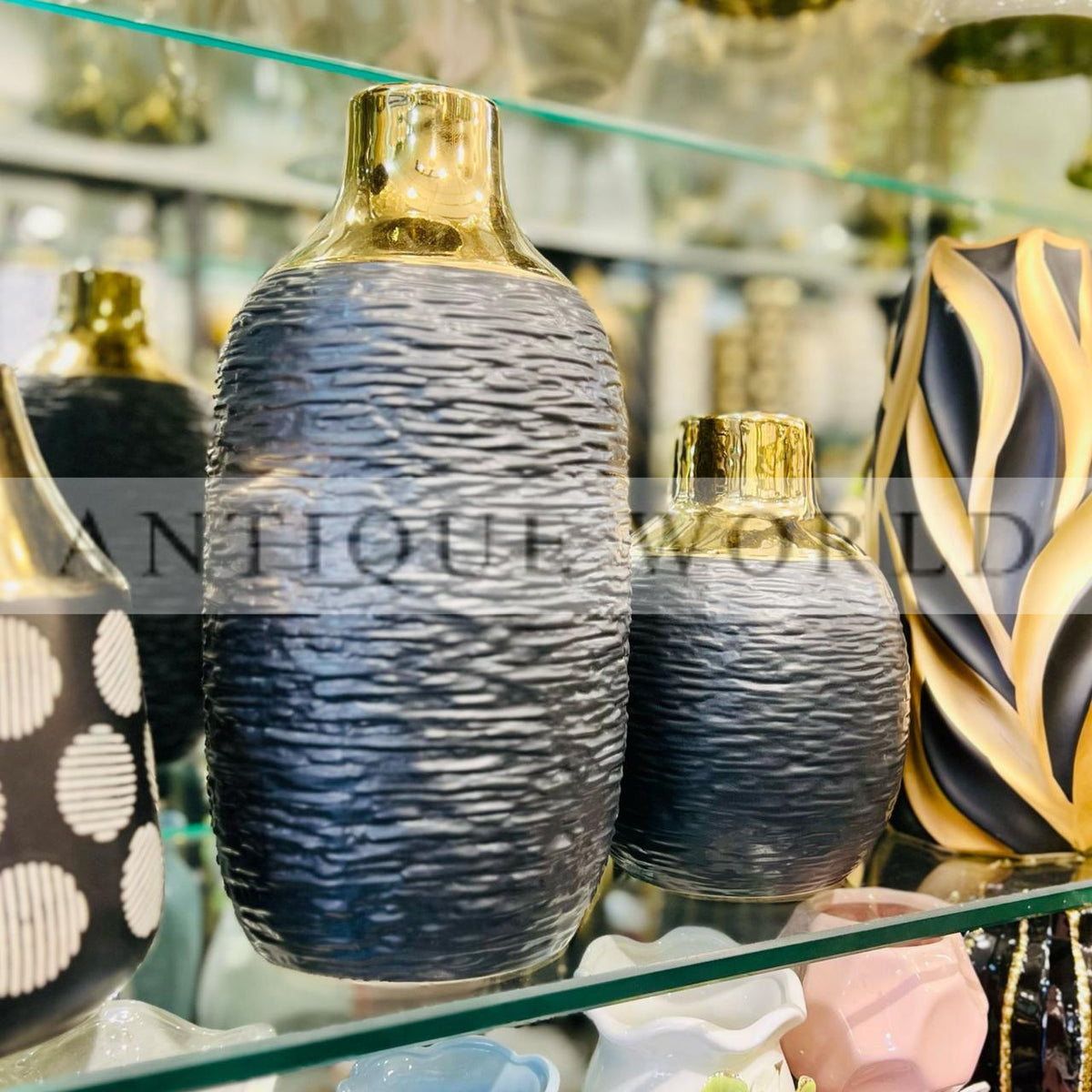 Black Ceramic Vase with Golden Rim ( Set of 2 )