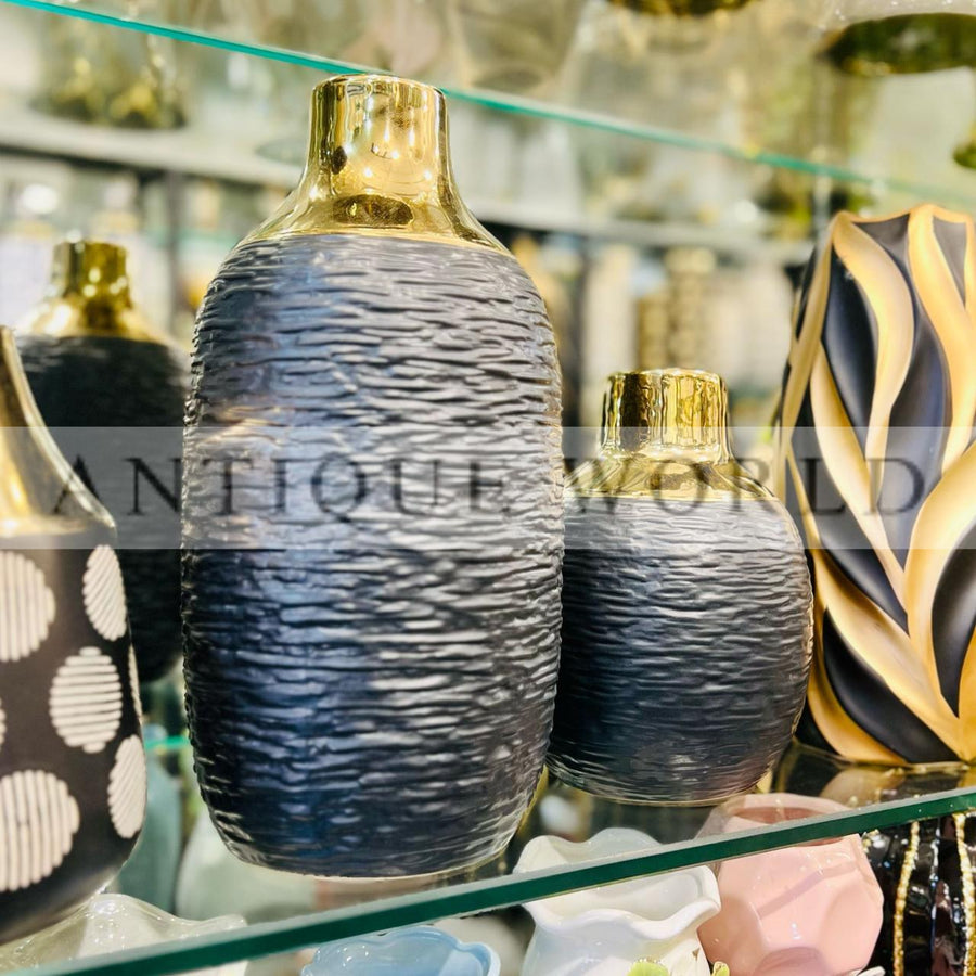Black Ceramic Vase with Golden Rim ( Set of 2 )